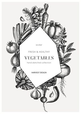 Hand-sketched vegetable abstract wreath. Hand-drawn tomatoes, squashes, peppers, potatoes, asparagus, and other vegetables design. Healthy food frame template for menu, recipe, packaging design